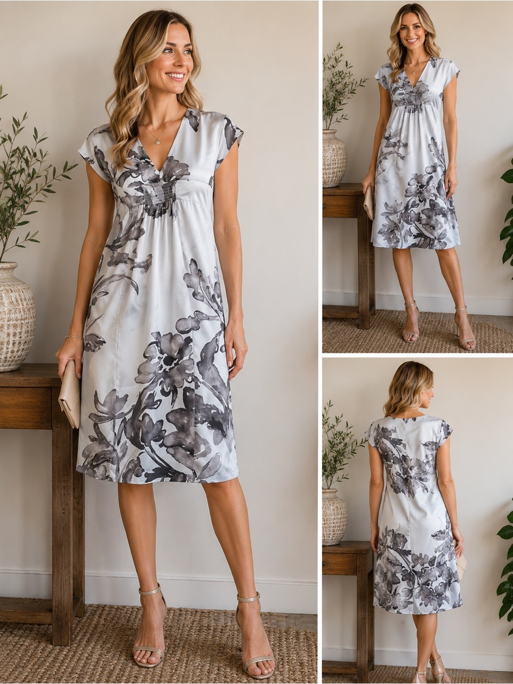 Miki Thumb 100% Silk Floral Shift Dress Gray Italy Size XS NWT